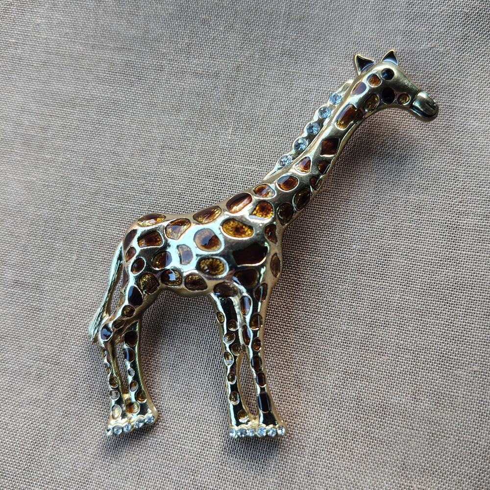Vintage Giraffe Pin Brooch Gold Tone Brown‎ Spots Clear Rhinestone Accents